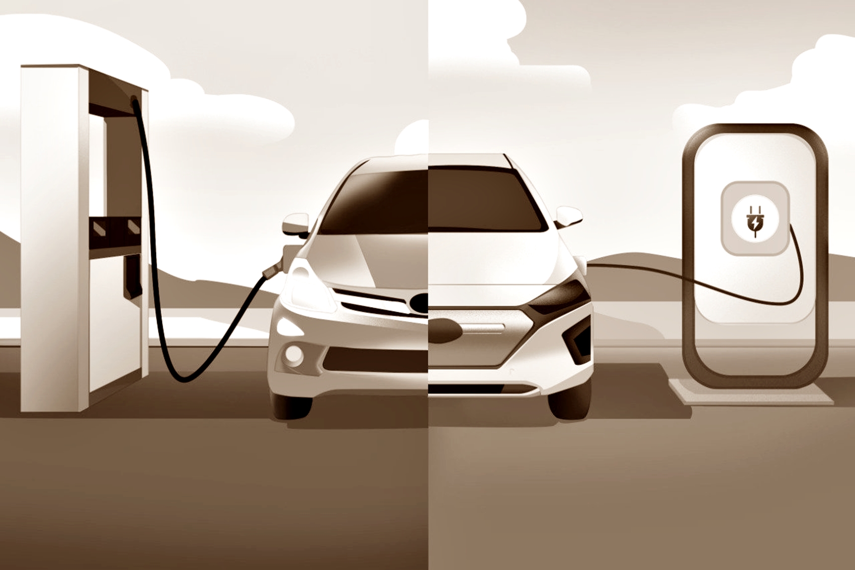 Ilustrasi mobil konvensional dan mobil listrik.