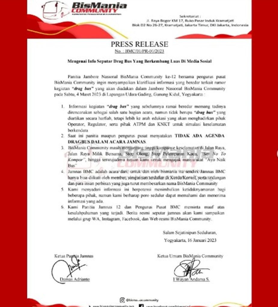 Press release batalnya drag bus di Jamnas BusMania 2023. 