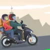 Ilustrasi mudik menggunakan sepeda motor dan memakai helm.