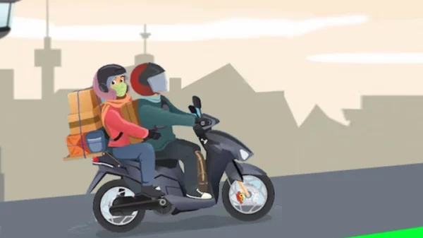Ilustrasi mudik menggunakan sepeda motor dan memakai helm.