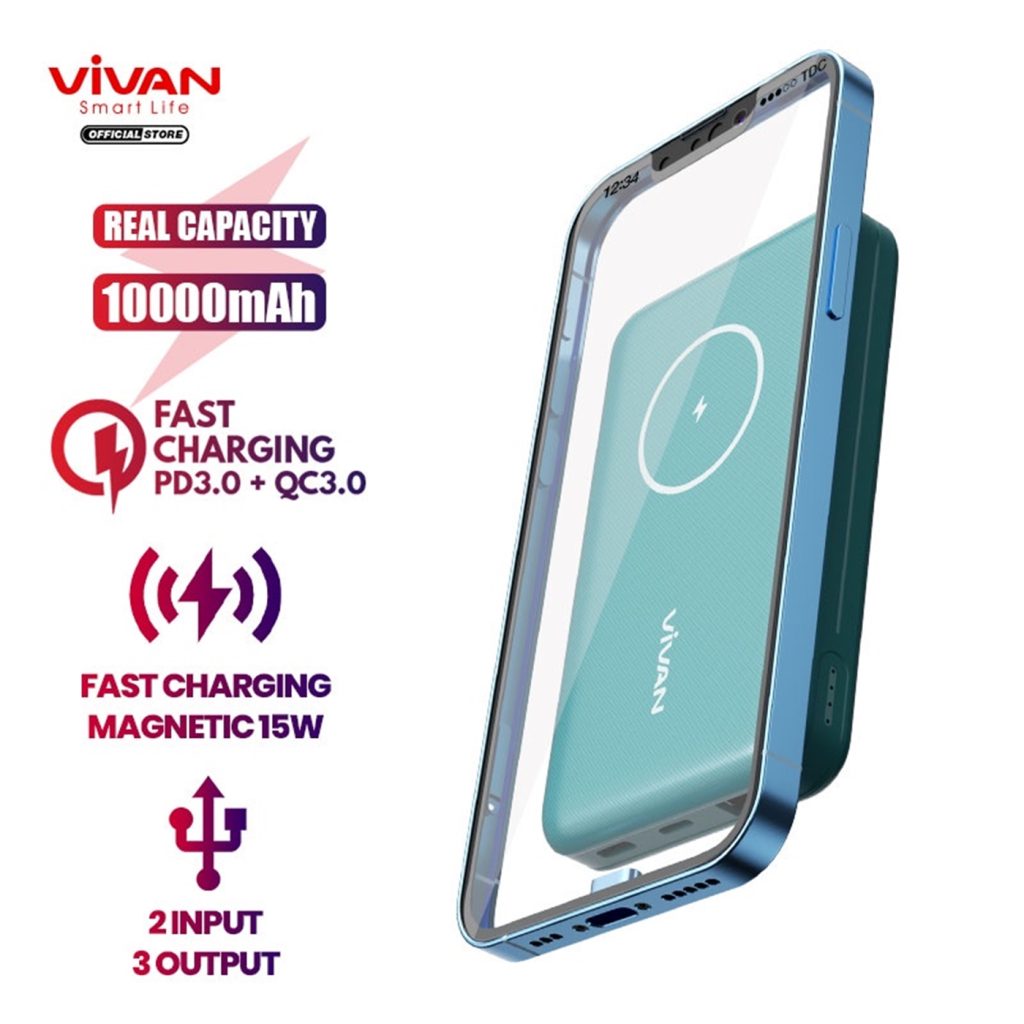 Vivan Power Bank 10000 mAH Wireless 3 Output Fast Charging 18W QC3.0. 